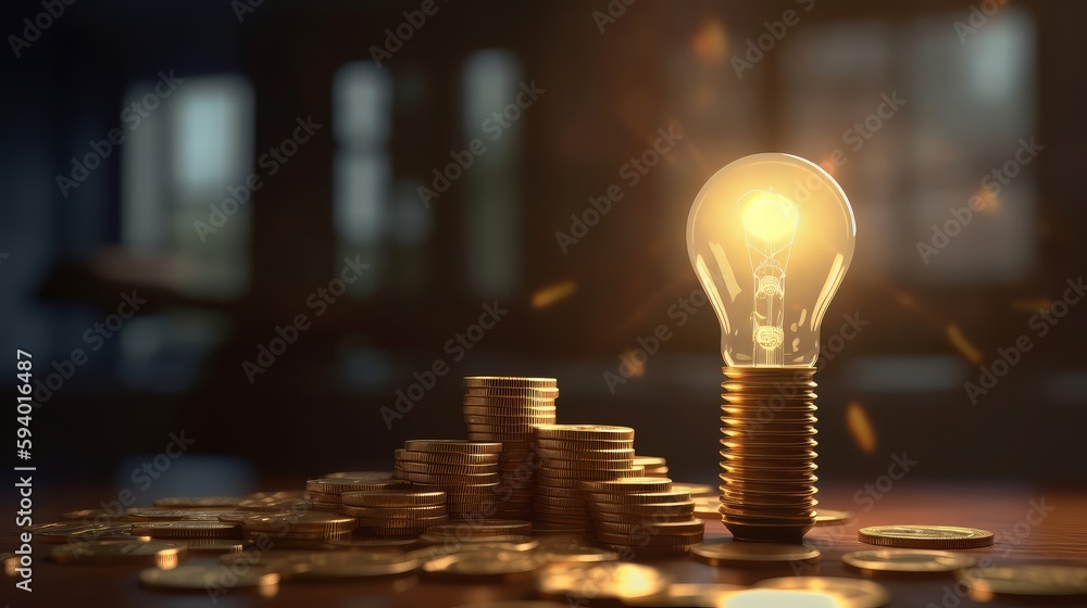Aufkleber rising energy cost concept. light bulb on top of a stack of gold coins. generative ai