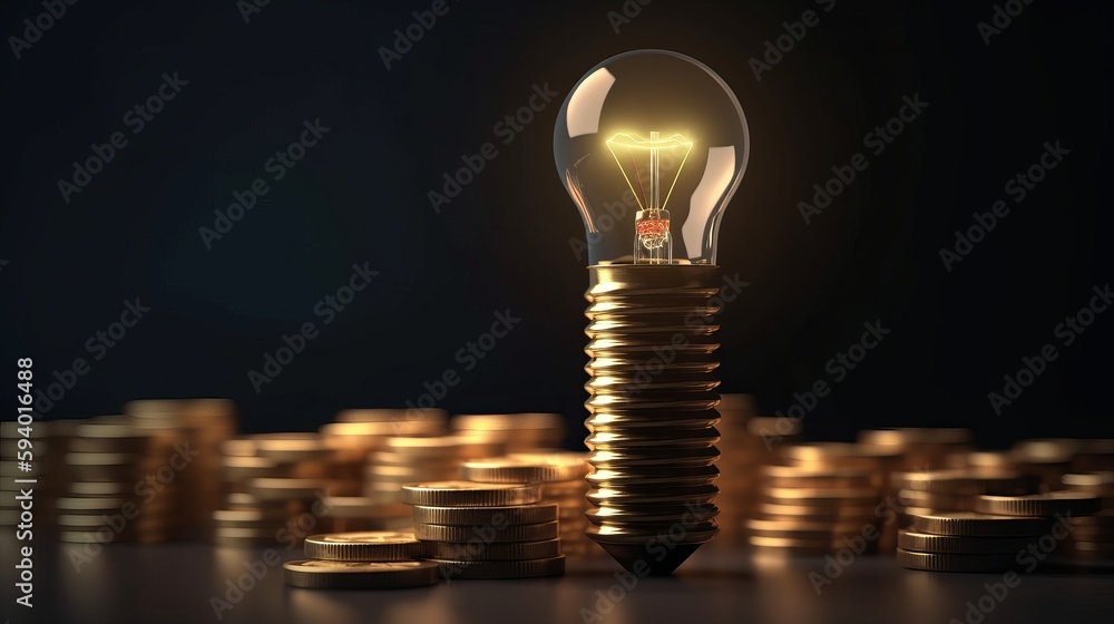 Aufkleber rising energy cost concept. light bulb on top of a stack of gold coins. generative ai