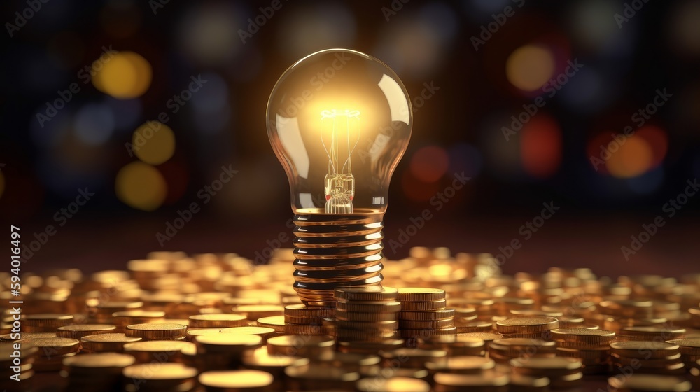 Aufkleber rising energy cost concept. light bulb on top of a stack of gold coins. generative ai