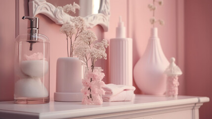 Soft light bathroom decor in pastel pink color, towel, soap dispenser, white flowers, accessories on pastel pink shelf. Elegant decor bathroom interior, generative ai
