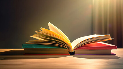 Stack of books in the colored cover lay and open book whith old pages on the wooden table and blue backround. Education learning concept, generative ai