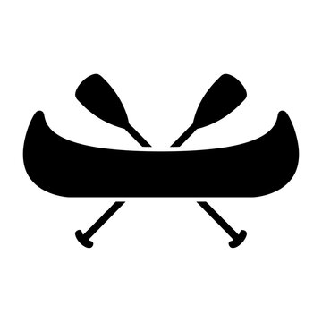 Icono canoa. Logo aislado con silueta lineal de remo cruzado sobre kayak o canoa