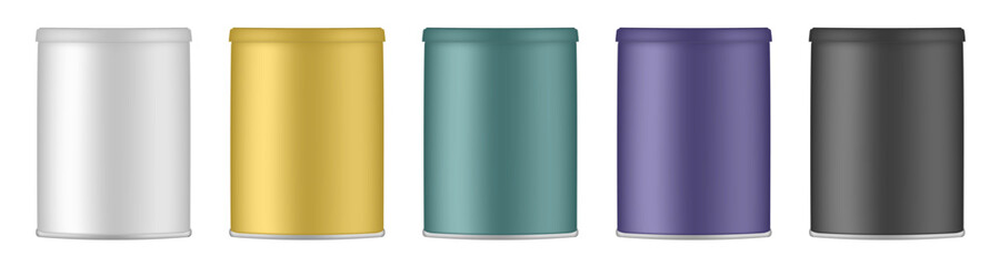 Set of aluminium canisters. White, green, gold, purple and black tin containers. Tea or cookie jar. Round box for sugar or flour