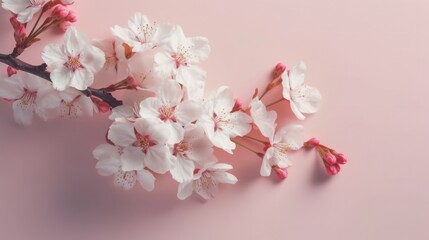 Spring cherry blossom flat lay design with blank copy space. Generative ai