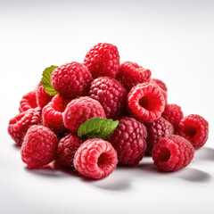 A stunningly cinematic shot of a handful of ripe and juicy raspberries. The raspberries look plump and delectable, perfectly illuminated by accent lighting against a pure white background.