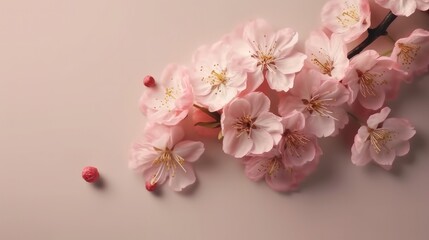 Naklejka premium Spring cherry blossom flat lay design with blank copy space. Generative ai