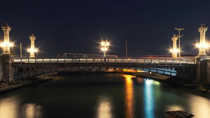 Fototapeta na wymiar Low-angle of the La Concordia bridge at night, Matanzas, Cuba