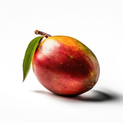 A stunningly cinematic shot of a tropical and exotic mango. The mango looks ripe and delicious, perfectly illuminated by accent lighting against a pure white background.