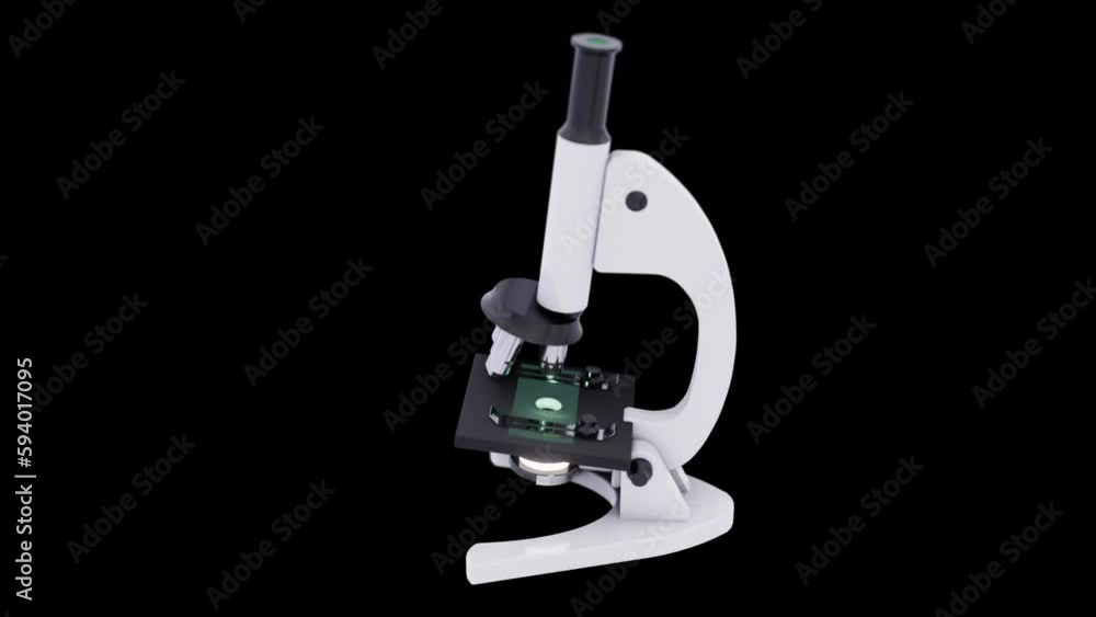 Poster 3d rendered animation of looking inside the spinning microscope isolated on the black background