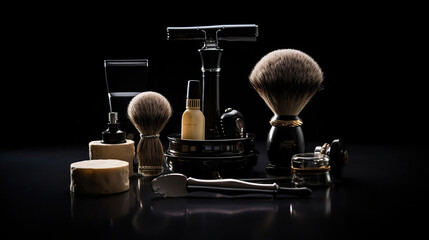 Obraz na płótnie Canvas Various shaving and bauty care accessories placed on black background, generative ai