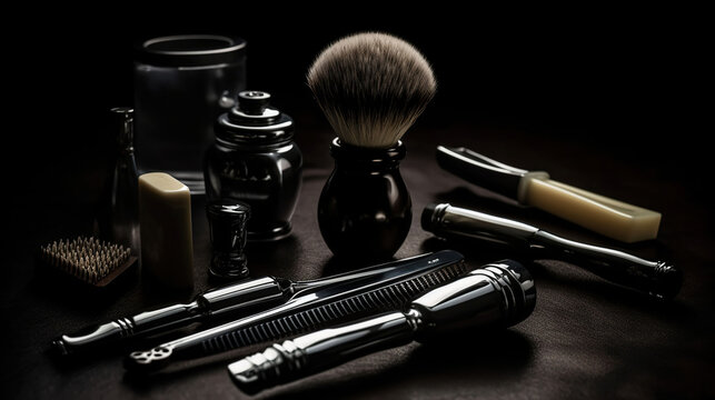 Various shaving and bauty care accessories placed on black background, generative ai
