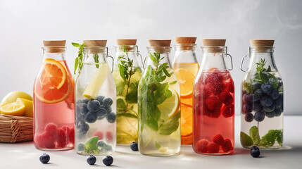 Bottles of tasty infused water on light background. Generative Ai - obrazy, fototapety, plakaty