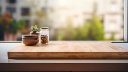 Naklejka na ściany i meble Wooden texture table top on blurred kitchen window background. For product display or design key visual layout. For showcase or montage your items (or foods). Product display mock up. Generative AIK