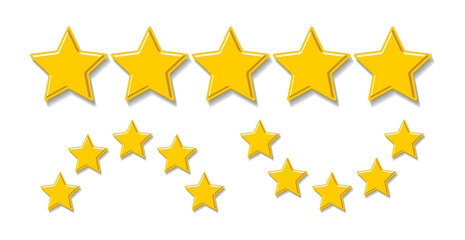 Golden five stars  rating with realistic shadow. Vector icons for online shop, customer review product service store on transparent background
