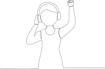 A woman listens to music with headphones. World music day one-line drawing