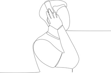 A man wears headphones to hear music. World music day one-line drawing