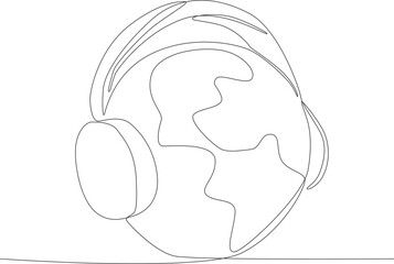 A world and headphones to listen to music. World music day one-line drawing