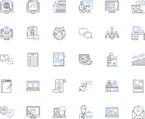 Digital advertising line icons collection. Analytics, Targeting, Optimization, CPM, Impressions, Conversion, Clicks vector and linear illustration. Display,Advertisements,Engagement outline signs set