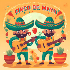 Cinco De Mayo greeting card with two cheerful Mexican men in sombrero and with guitar. Funny cartoon characters, usable for landing page, website etc. Generative ai.