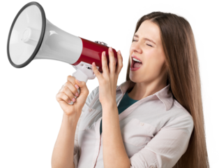 Young Businesswoman Shouting Through Megaphone isolated on white background
