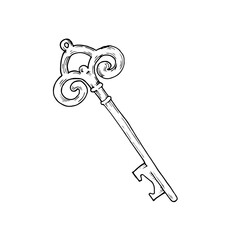 Hand drawn antique key. Sketch style of  key on white background. Vector.