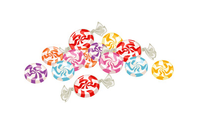 Colorful swirl hard candy. Heap of sweets. Vector cartoon illustration.