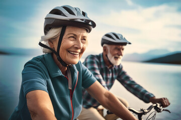 Fototapeta na wymiar closeup of cycling elderly couple, generative ai