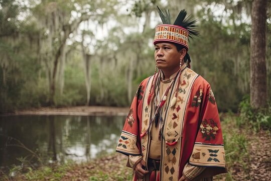 Seminole man posing in the florida swamps wearing a Seminole traditional outfit. Generative AI