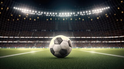 Soccer ball on stadium. Generative AI