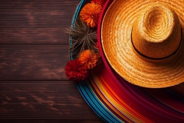 Fototapeta na wymiar Mexico sombrero and other authentic Cinco de mayo stuff. Wooden background.