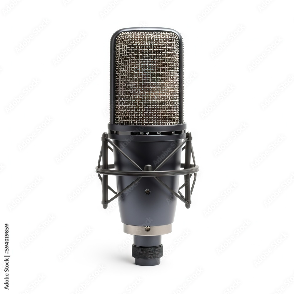 Poster a black microphone with a silver top and a black stand on a white background with a clipping for the