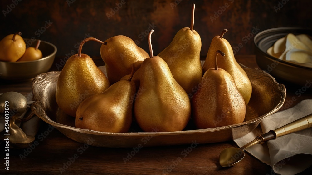 Poster a bowl of pears on a table with a knife and a bowl of pears in the background and a bowl of pears on