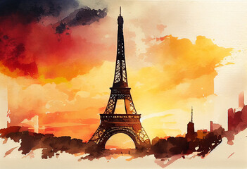 Eiffel Tower against a sunset sky in Paris, France - popular tourist cities, tourism, watercolor style Generative AI