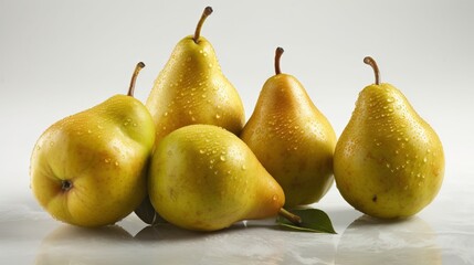 Fototapeta na wymiar a group of five pears sitting on top of each other on a white surface with water droplets on the pears and leaves on the top of the pears. generative ai