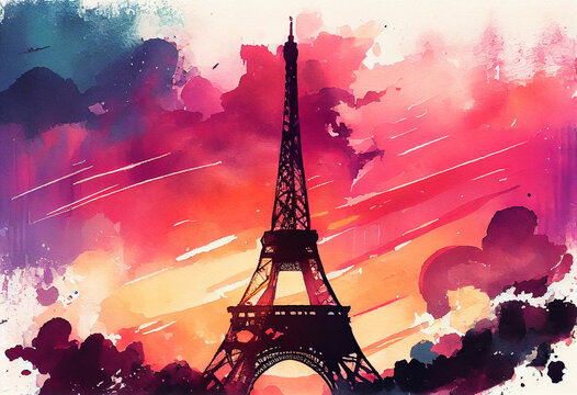 Eiffel Tower against a sunset sky in Paris, France - popular tourist cities, tourism, watercolor style Generative AI