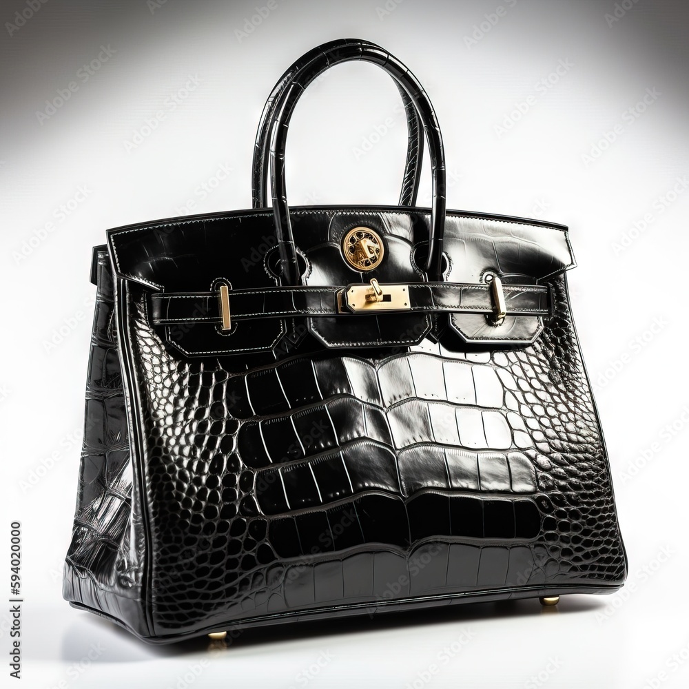 Poster a black handbag with a gold handle on a white background with a white background and a white backgro