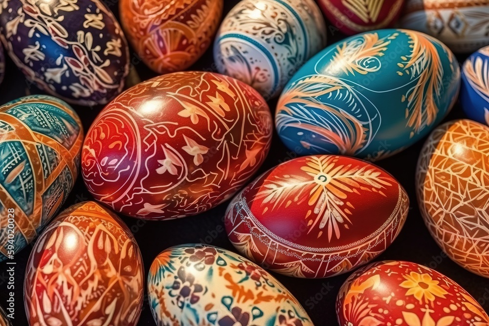 Poster a pile of colorfully painted eggs sitting on top of each other in a pile of other eggs in the backgr