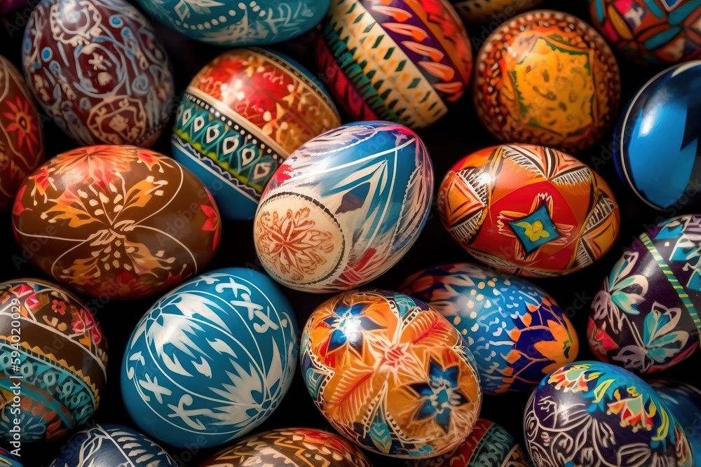 Poster  a pile of colorfully painted eggs with designs on them, all in different colors and patterns, all in a square pattern, with a black background.  generative ai