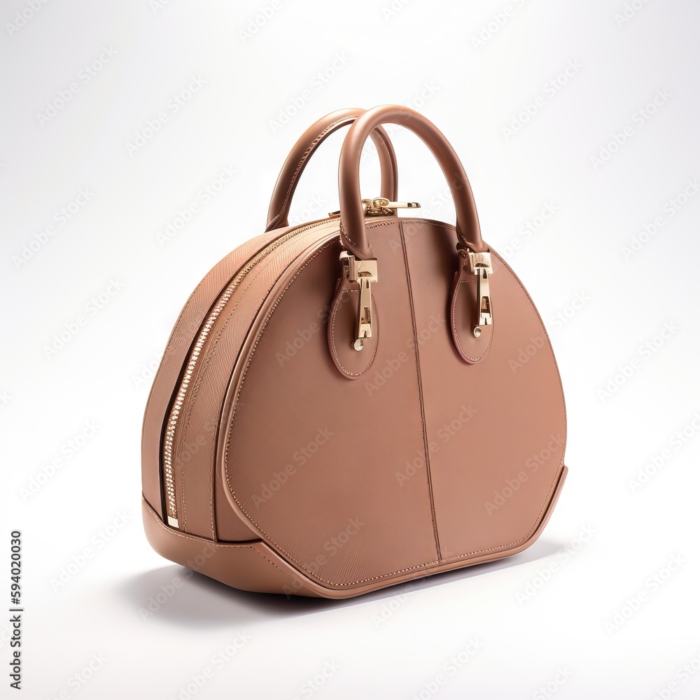 Poster a pink handbag is shown on a white surface with a zippered handle and a zippered closure on the fron