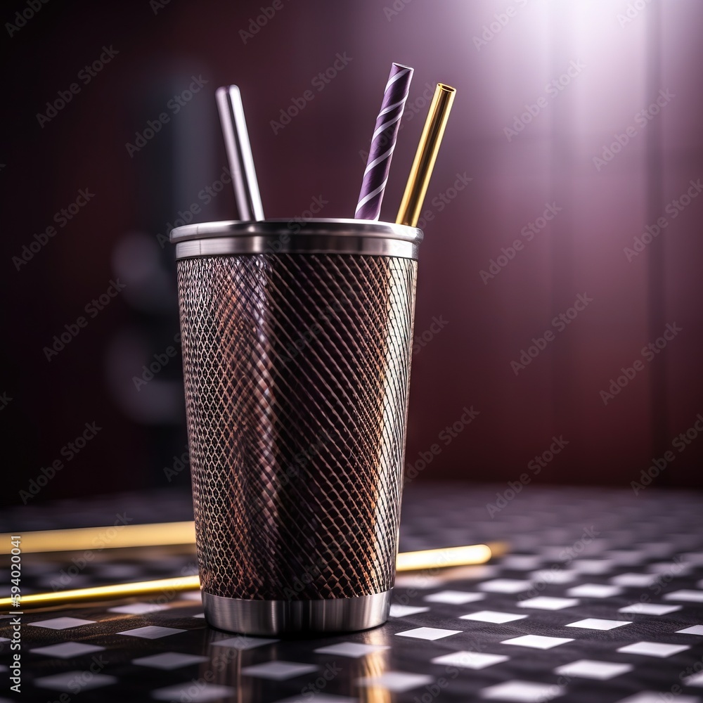 Poster a cup with two straws in it sitting on a table with a checkered table cloth and a gold straw holder 