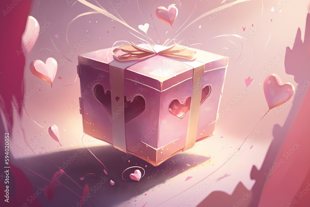 Poster a pink box with a bow on top of it with hearts around it and a bow on the top of it with a bow on to
