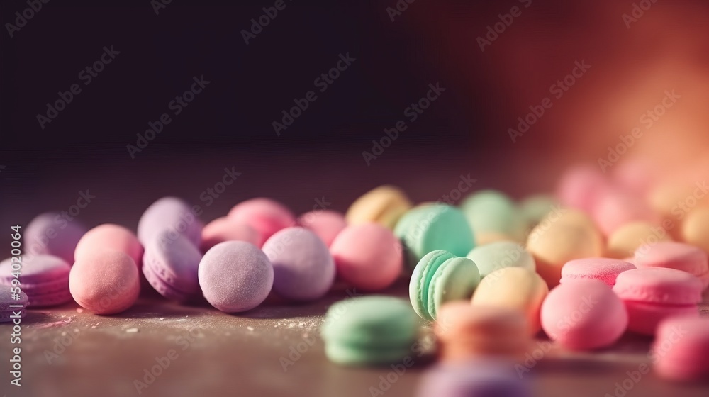 Poster a close up of a pile of candy corn on a table with a blurry background of candy corn on the table an