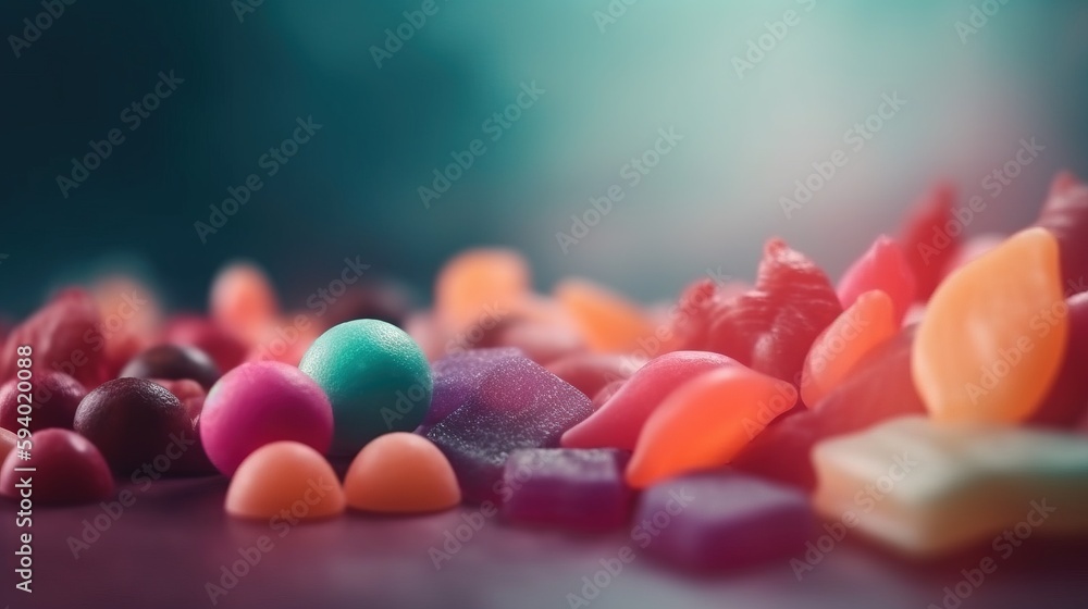 Aufkleber a close up of a pile of candy on a table with other candies in the foreground and a blurry backgroun