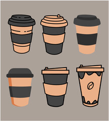 cute  coffee paper cup set. black color.Drink vector illustration design