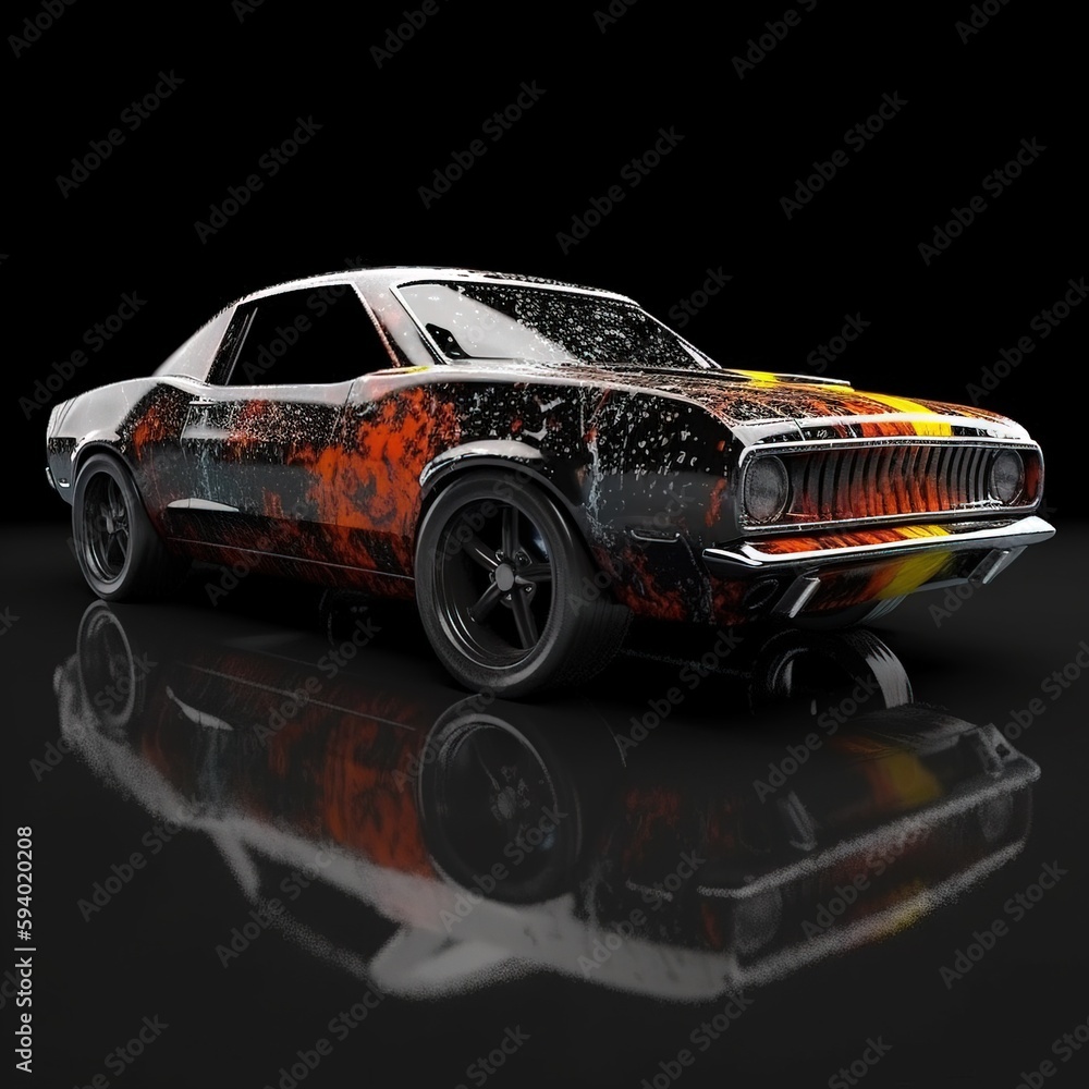 Poster a car with flames painted on it is shown in a black background with a reflection of the car on the f