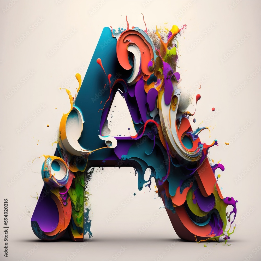 Poster the letter a is made up of multicolored paint splattered on the letter's surface and the letters are