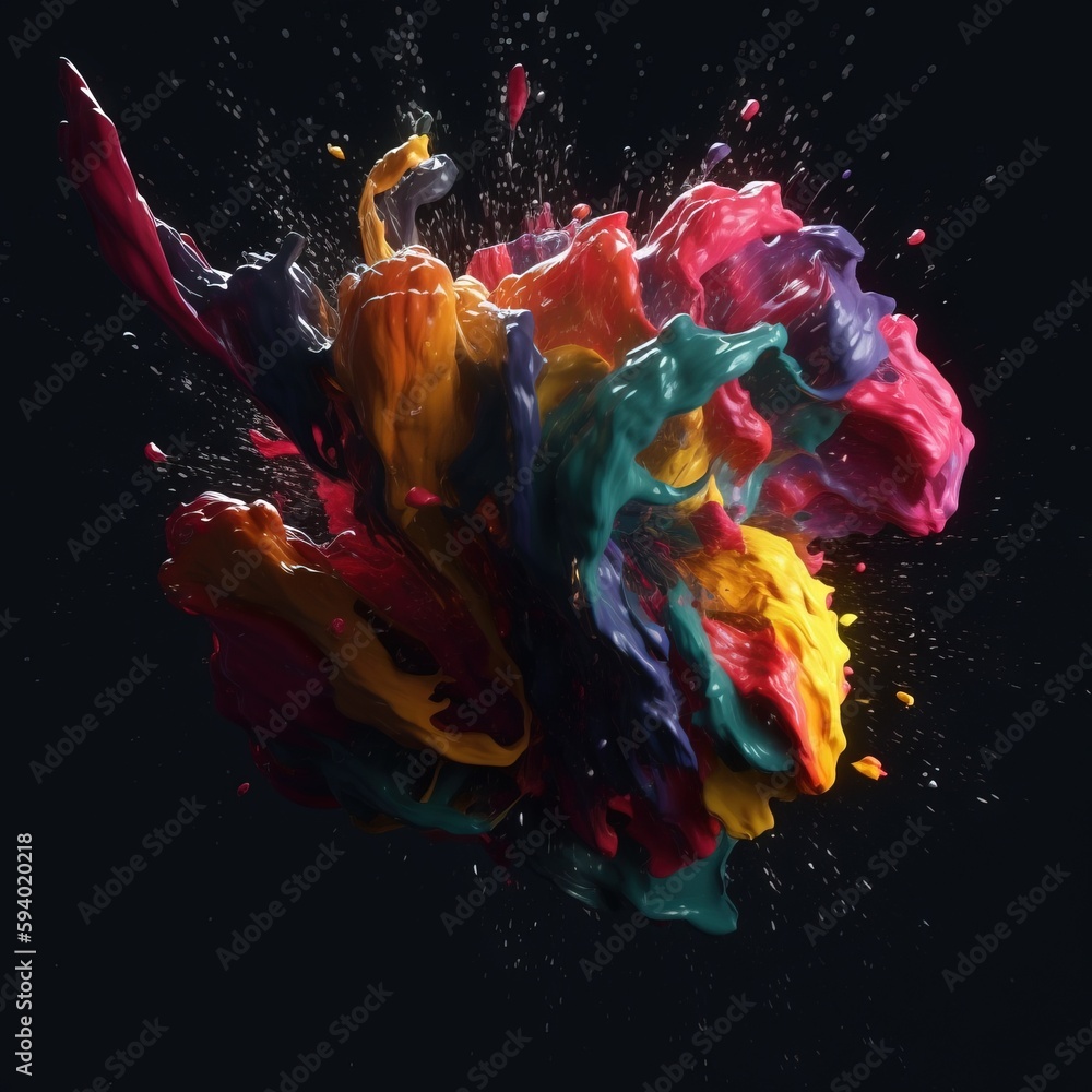 Poster  a multicolored liquid splashing into the air on a black background with a black background and a black background with a white border.  generative ai
