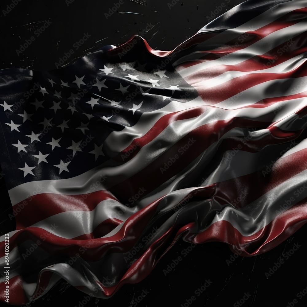 Poster a large american flag is waving in the wind on a black background with water droplets on the bottom 