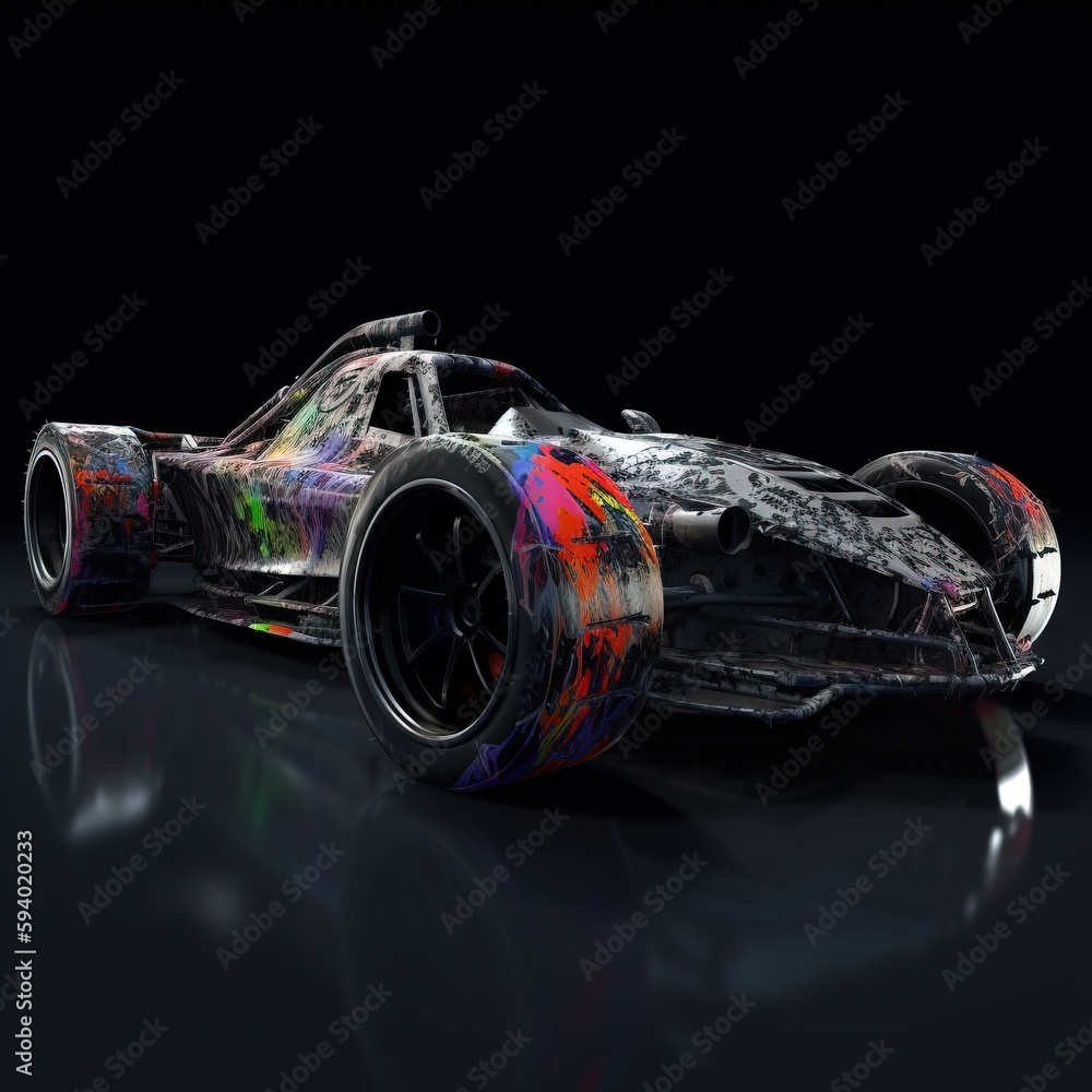 Poster a car with colorful paint on it is shown in a dark room with a black background and a reflection of 