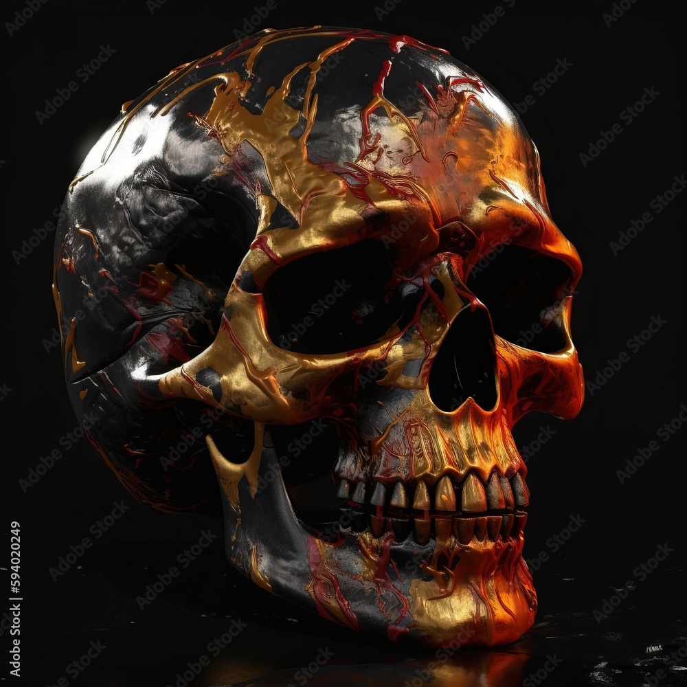 Poster a skull with flames painted on it's face and a black background with a reflection of the skull on th
